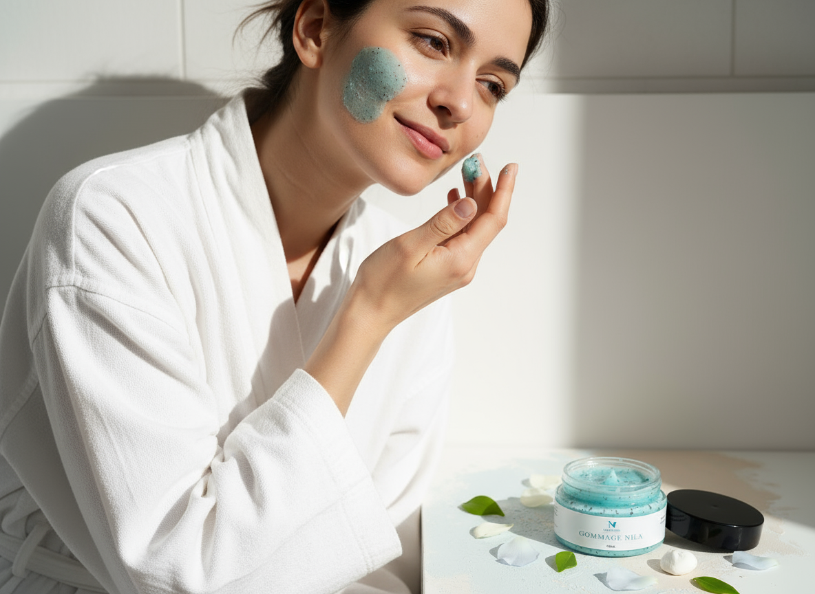 Gommage Doux NILA à l’Huile d’Argan, Coco & Eau de Rose – Exfoliant Naturel Éclat du Teint
